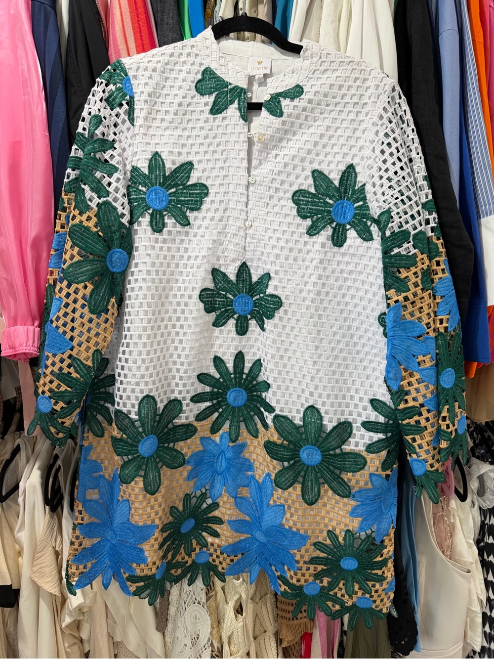 White Mesh Mini Dress with Blue & Green Floral Appliqué